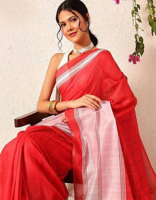 Red block printed cotton blend traditional saree with blouse piece 4