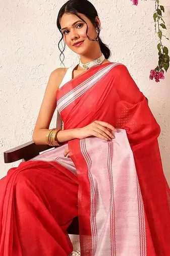 Red block printed cotton blend traditional saree with blouse piece
