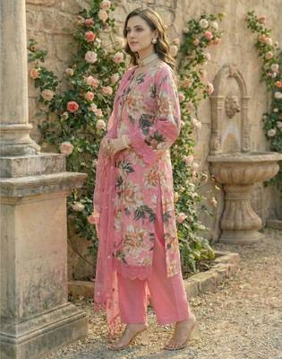 Pink Cotton Schiffli Printed suit with crochet lace detailing comes with Kota Doria Dupatta and Cotton Palazzos Set of 3 2