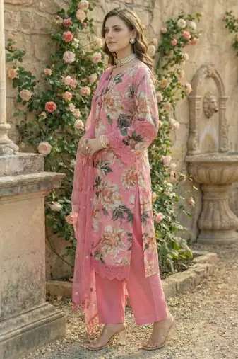 Pink Cotton Schiffli Printed suit with crochet lace detailing comes with Kota Doria Dupatta and Cotton Palazzos Set of 3