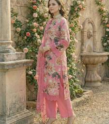 Pink Cotton Schiffli Printed suit with crochet lace detailing comes with Kota Doria Dupatta and Cotton Palazzos Set of 3