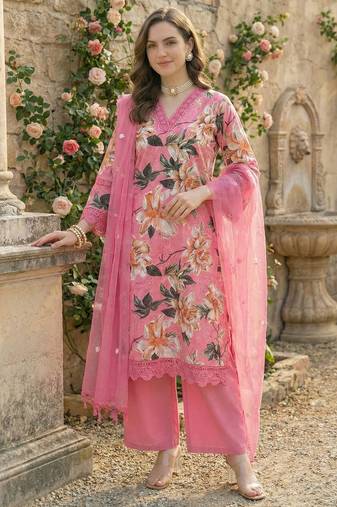 Pink Cotton Schiffli Printed suit with crochet lace detailing comes with Kota Doria Dupatta and Cotton Palazzos Set of 3