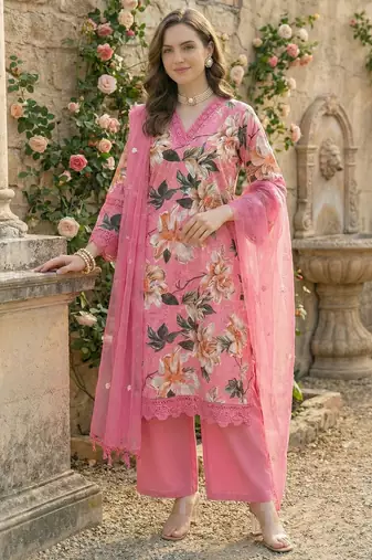 Pink Cotton Schiffli Printed suit with crochet lace detailing comes with Kota Doria Dupatta and Cotton Palazzos Set of 3
