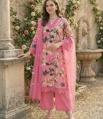 Pink Cotton Schiffli Printed suit with crochet lace detailing comes with Kota Doria Dupatta and Cotton Palazzos Set of 3