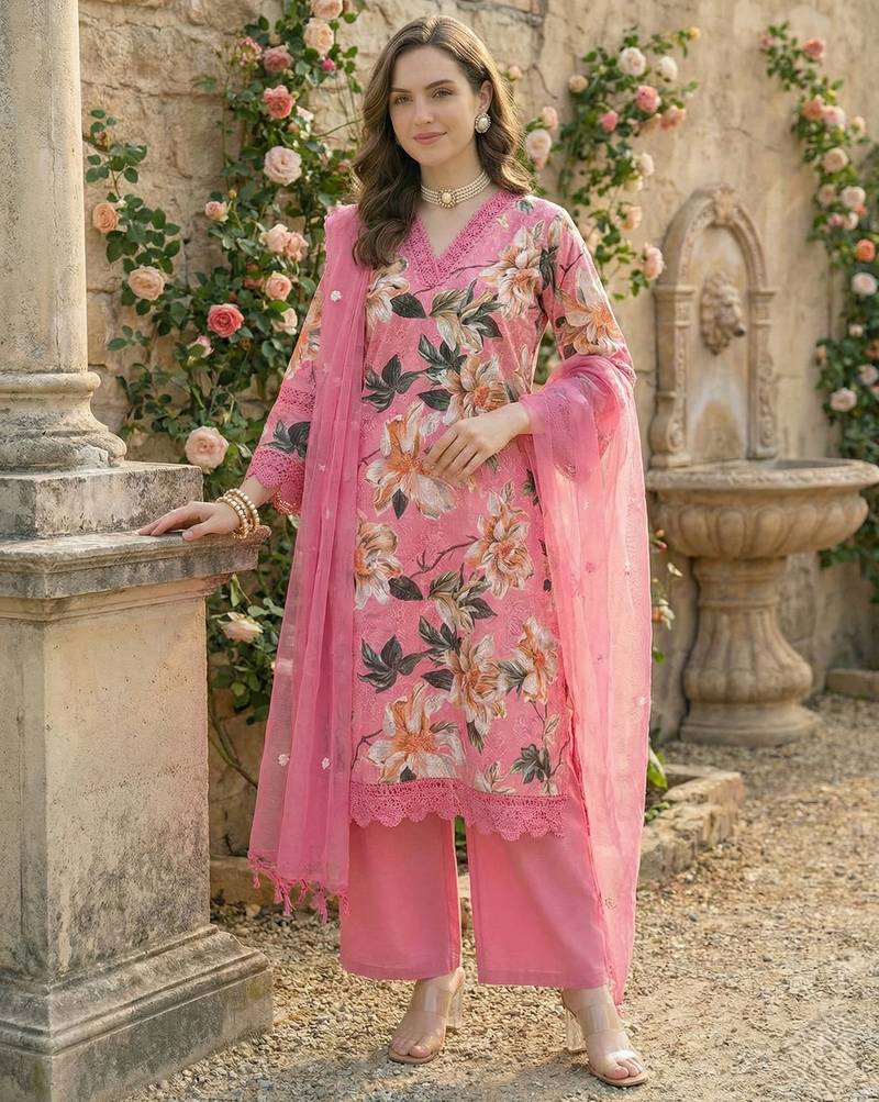 Pink Cotton Schiffli Printed suit with crochet lace detailing comes with Kota Doria Dupatta and Cotton Palazzos Set of 3