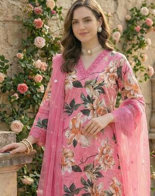 Pink Cotton Schiffli Printed suit with crochet lace detailing comes with Kota Doria Dupatta and Cotton Palazzos Set of 3 3