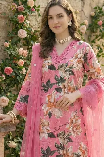 Pink Cotton Schiffli Printed suit with crochet lace detailing comes with Kota Doria Dupatta and Cotton Palazzos Set of 3