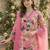 Pink Cotton Schiffli Printed suit with crochet lace detailing comes with Kota Doria Dupatta and Cotton Palazzos Set of 3