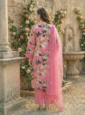 Pink Cotton Schiffli Printed suit with crochet lace detailing comes with Kota Doria Dupatta and Cotton Palazzos Set of 3 4