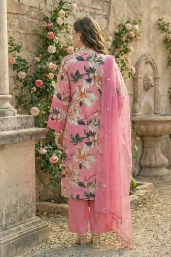 Pink Cotton Schiffli Printed suit with crochet lace detailing comes with Kota Doria Dupatta and Cotton Palazzos Set of 3