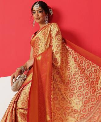 Golden woven silk blend ethnic saree with blouse piece 2