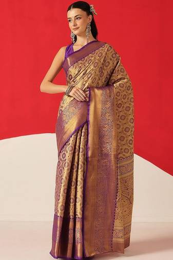 Golden woven silk blend ethnic saree with blouse piece