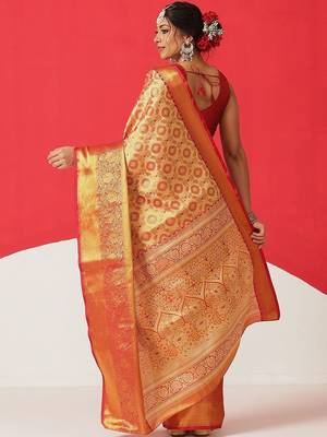 Golden woven silk blend ethnic saree with blouse piece 3