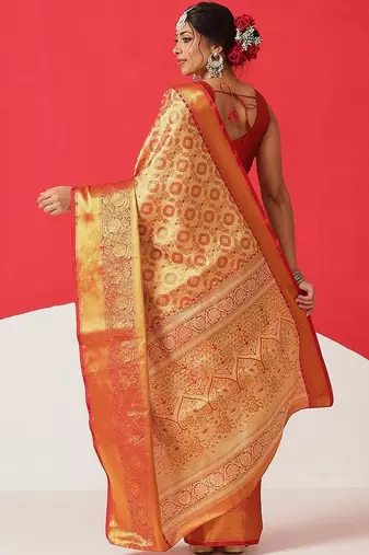 Golden woven silk blend ethnic saree with blouse piece