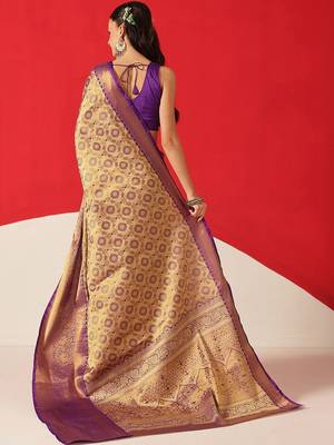 Golden woven silk blend ethnic saree with blouse piece 2
