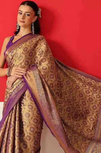 Golden woven silk blend ethnic saree with blouse piece