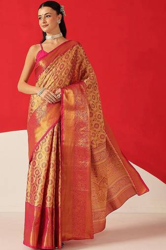 Golden woven silk blend ethnic saree with blouse piece