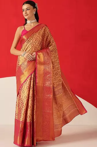 Golden woven silk blend ethnic saree with blouse piece