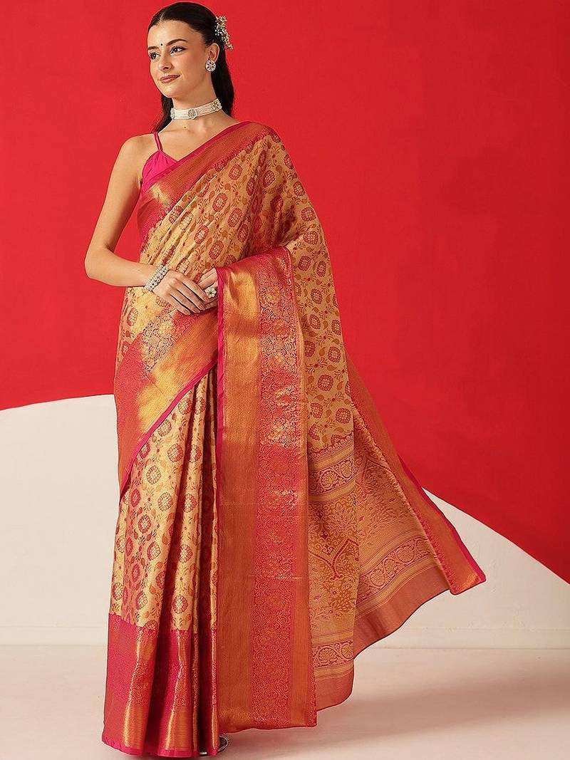 Golden woven silk blend ethnic saree with blouse piece