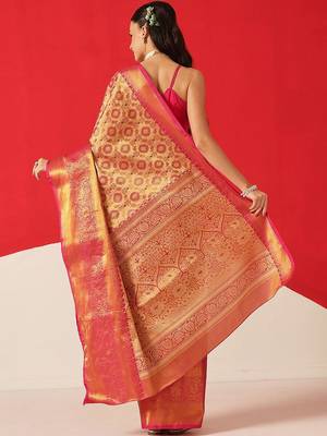 Golden woven silk blend ethnic saree with blouse piece 2
