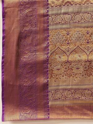 Golden woven silk blend ethnic saree with blouse piece 5