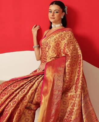 Golden woven silk blend ethnic saree with blouse piece 3