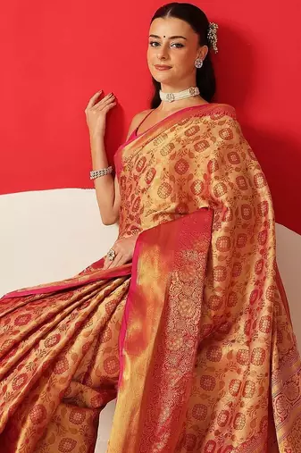 Golden woven silk blend ethnic saree with blouse piece