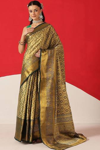 Golden woven silk blend ethnic saree with blouse piece
