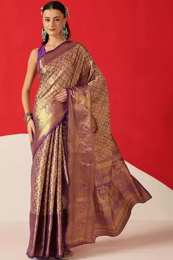 Golden woven silk blend ethnic saree with blouse piece
