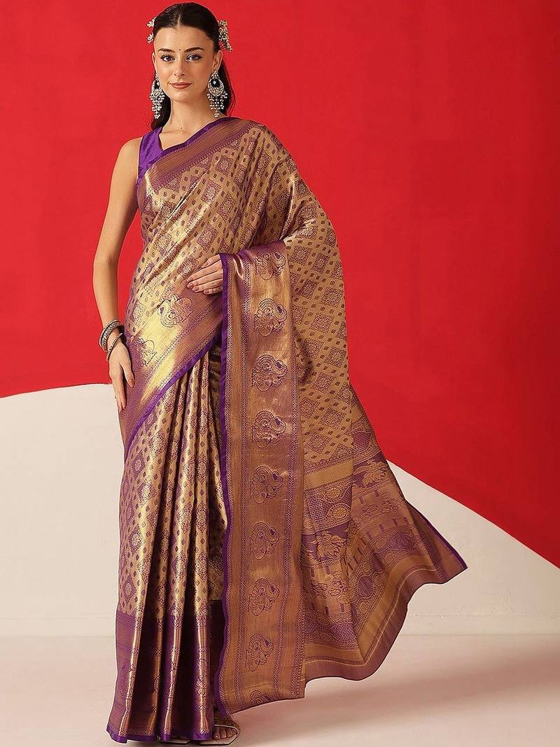 Golden woven silk blend ethnic saree with blouse piece