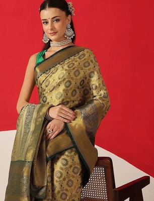 Golden woven silk blend ethnic saree with blouse piece 3
