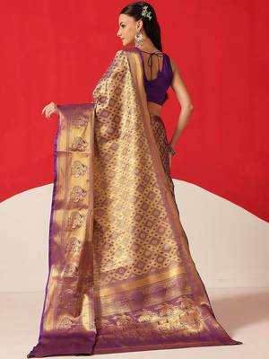 Golden woven silk blend ethnic saree with blouse piece 2