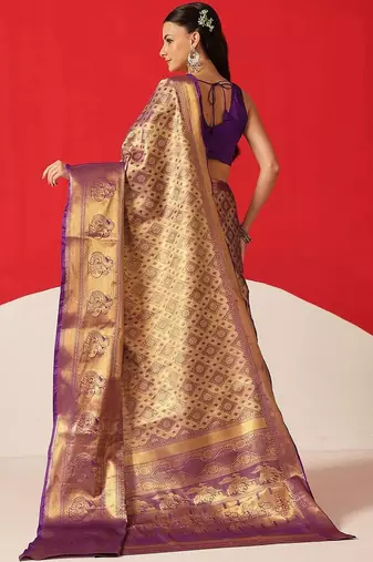 Golden woven silk blend ethnic saree with blouse piece