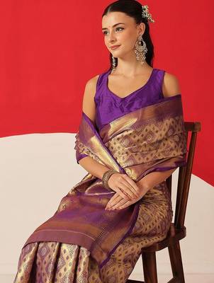 Golden woven silk blend ethnic saree with blouse piece 3