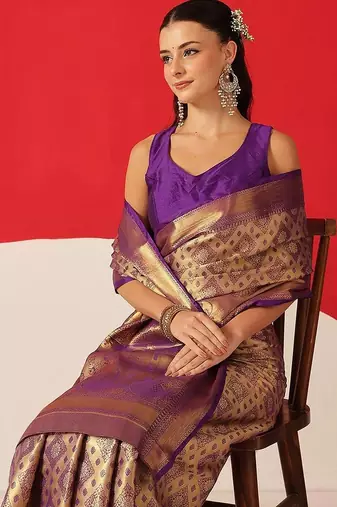 Golden woven silk blend ethnic saree with blouse piece