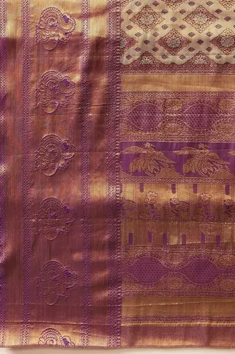 Golden woven silk blend ethnic saree with blouse piece