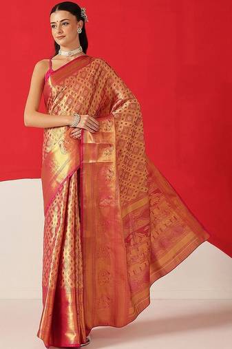 Pink woven silk blend ethnic saree with blouse piece