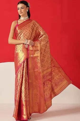 Pink woven silk blend ethnic saree with blouse piece