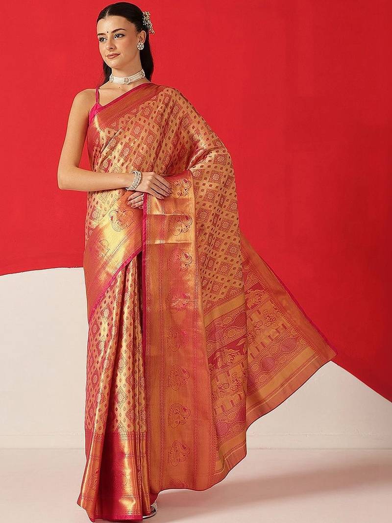 Pink woven silk blend ethnic saree with blouse piece