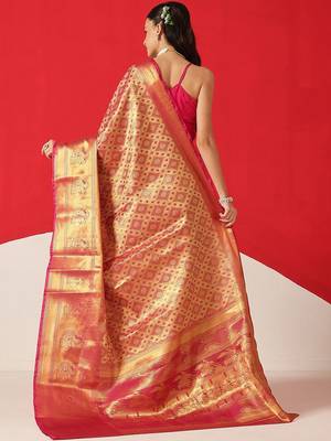 Pink woven silk blend ethnic saree with blouse piece 2