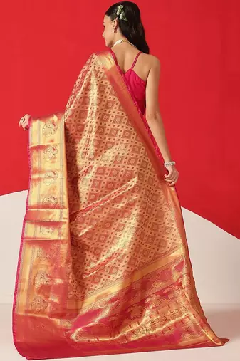 Pink woven silk blend ethnic saree with blouse piece