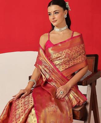 Pink woven silk blend ethnic saree with blouse piece 3