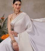 Off white woven silk blend ethnic saree with blouse piece