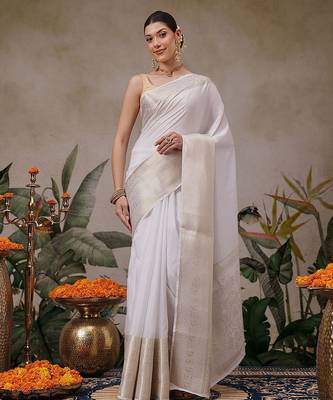 off white woven silk blend saree with blouse 2