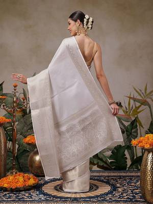 off white woven silk blend saree with blouse 3