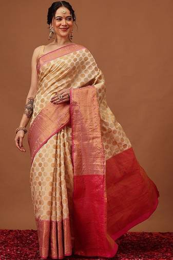cream woven art silk saree with blouse