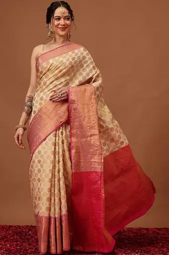 Cream woven art silk traditional saree with blouse piece