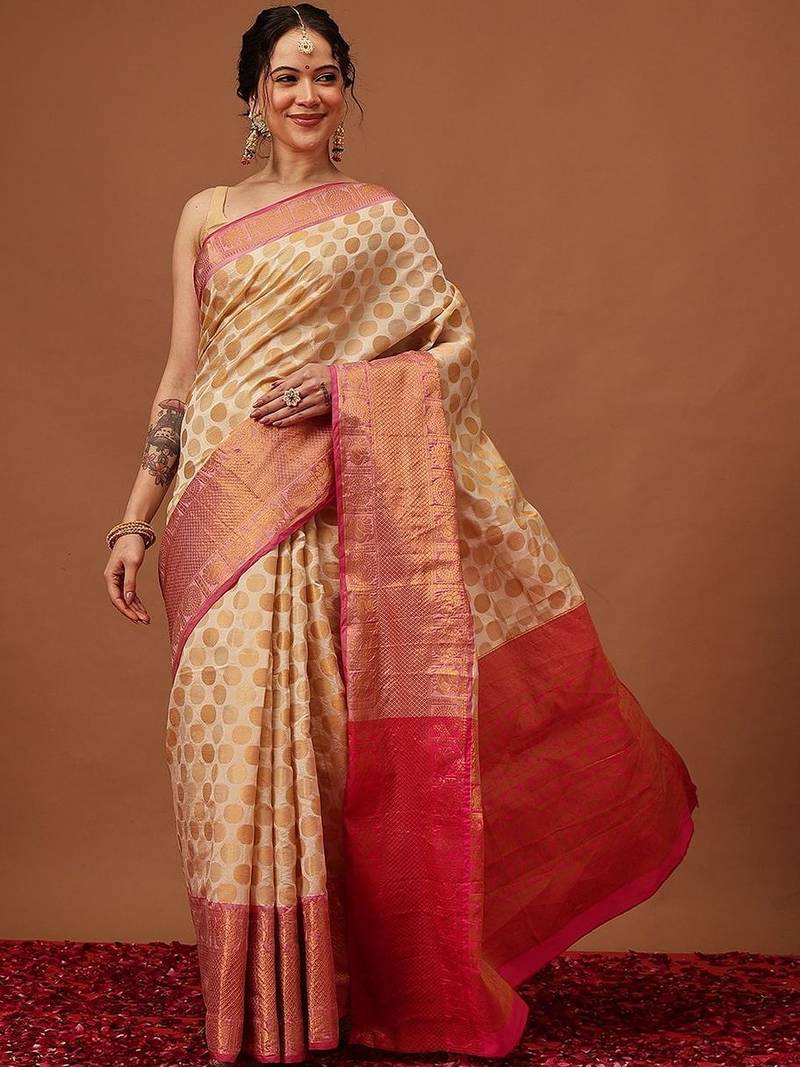 Cream woven art silk traditional saree with blouse piece