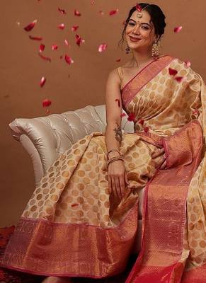 cream woven art silk saree with blouse 3