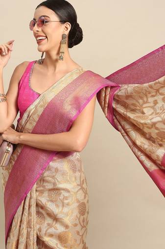 Pink woven tissue party wear saree with blouse piece
